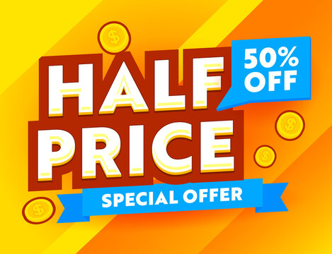 Half Price Special Offer Advertising Banner with Gold Coins on Yellow Background, Ad Card for Shopping Discount