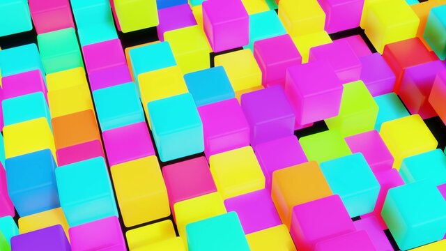 3d abstract simple geometric background with multicolor cubes. Cubes form a plane. Creative simple motion design background with 3d objects. 3d render