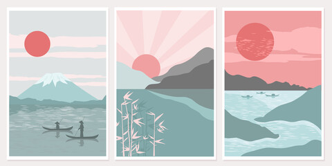 Set modern minimalist art abstraction poster. Mount Fuji sunrise landscape Japan panorama, fishermen in boats, lake. The concept of nature, travel, and oriental color. Vector graphics