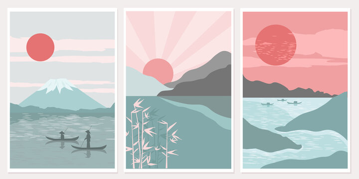 Set Modern Minimalist Art Abstraction Poster. Mount Fuji Sunrise Landscape Japan Panorama, Fishermen In Boats, Lake. The Concept Of Nature, Travel, And Oriental Color. Vector Graphics