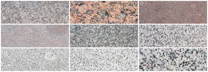 Granite texture set. Collection of panoramic stone backgrounds. Beautiful natural granite with a grainy pattern. Wide panoramas with flat solid rough surface of rock.