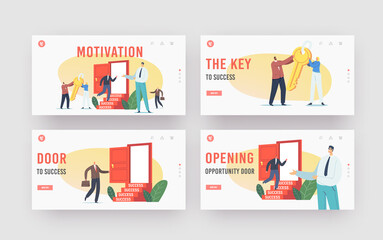 Career Boost, Business Motivation, Success Landing Page Template Set. Business Characters Carry Gold Key to Unlock Door