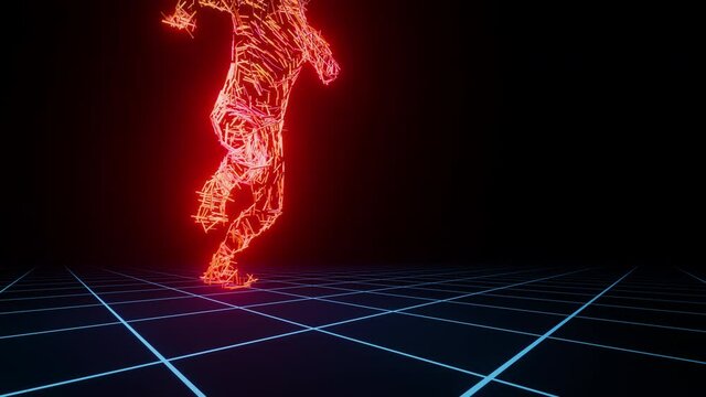 Digital athlete in super slow motion sprint through cyberspace in virtual reality as part of nft crypto art collectable item animation