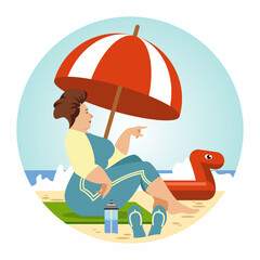 Chubby woman resting under a beach umbrella in summer. Sea rest. Body positive concept.