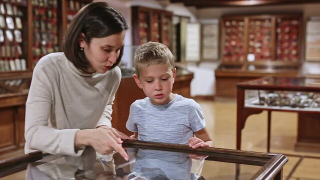 Attentive young woman with school age boy exploring artworks in glass case in museum