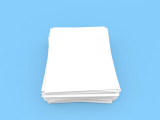 Stack of white sheets of A4 office paper on a light blue background.