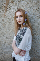 beautiful young woman in blouse, portrait of cute attractive caucasian model