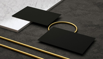 3d render. Presentation of two elegant black business cards. Business card design template