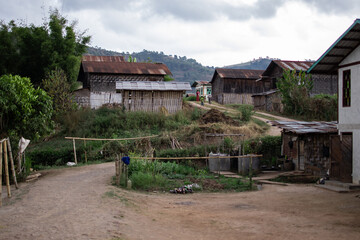 Fototapeta na wymiar A peaceful local village with simple houses hike Kalaw to Inle Lake