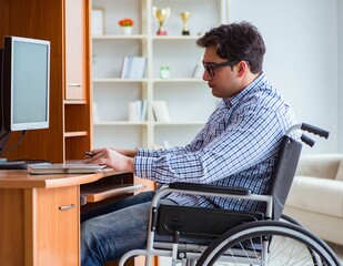 Disabled student studying at home on wheelchair