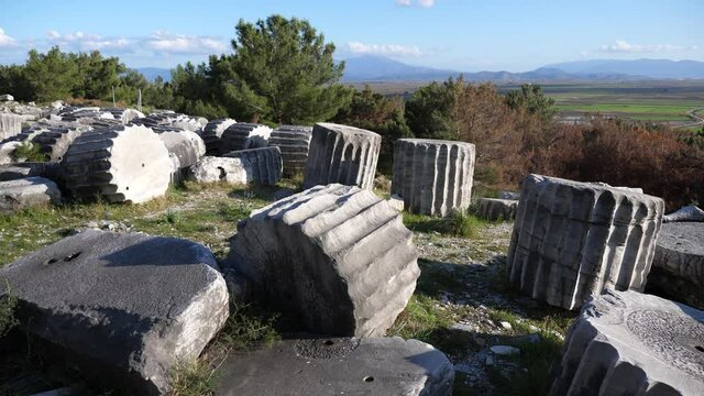 View of the ruins of the Athena temple in Priene, Turkey.