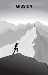 Businessman running to flag at top of mountain. Concept of Goal, Mission, Vision, Career path, Vector concept Polygon dot connect line style