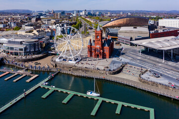 Aerial view of the landmarks of Cardiff Bay, Wales