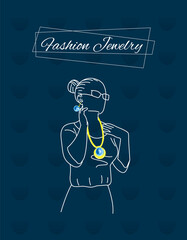 An Elegant young Businesswoman with a Necklace and Earrings made of Gold and Precious Stones. The concept of women Jewelry for work in the office. Everyday. Vector linear Drawn illustration.