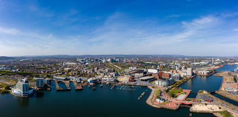 Panoramic aerial view of Cardiff Bay with the city centre in the background