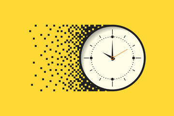 Watch. Hands of the clock, minutes of the scale, seconds. Pixel design, movement, speed. Vector illustration.