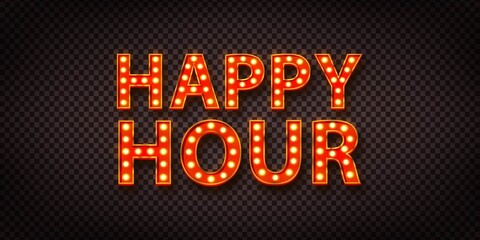 Vector realistic isolated red marquee text of Happy Hour logo for decoration on the transparent background. - obrazy, fototapety, plakaty
