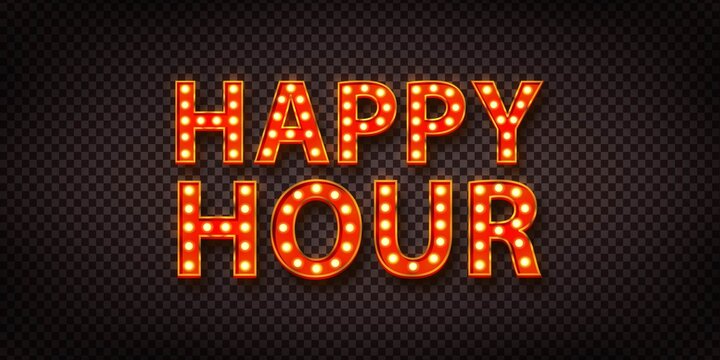 Vector Realistic Isolated Red Marquee Text Of Happy Hour Logo For Decoration On The Transparent Background.