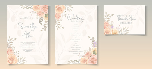 Naklejka na ściany i meble Elegant wedding invitation template with soft color blooming roses flower