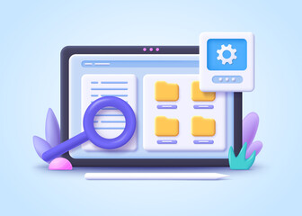 Concept of File management. Searching files in database. Document management soft, document flow app, compound docs concept. 3d vector illustration.