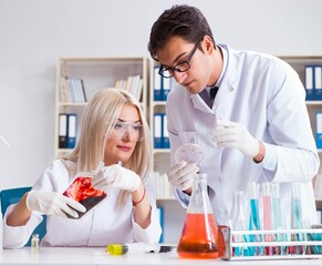 Woman female doctor looking at blood samples in bag