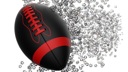 Black-Red American Foot Ball with Diamond Particles under white flash light background. 3D illustration. 3D high quality rendering. 