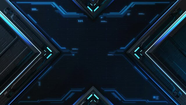 Technology background 3d render video. Abstract futuristic texture with hud animation for gaming concept. Blue sci-fi cyber surface motion. Seamless loop.