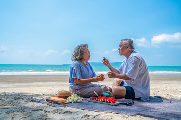 Happy Asian family on beach vacation. Senior couple sitting on blanket have picnic together on sea...