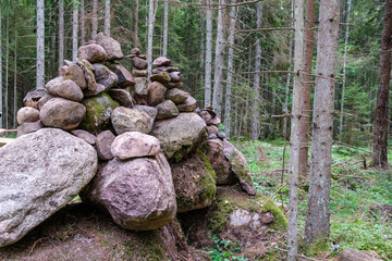 large stones in wild forest with moss