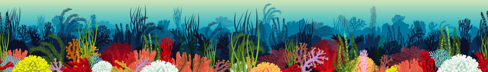 Fototapeta na wymiar Vector underwater coral reef horizontal seamless pattern. Undersea bottom texture.