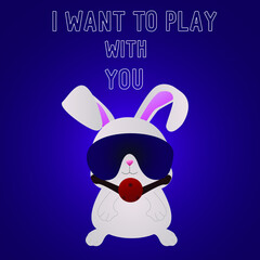 Funny rabbit print for T-shirt. The concept of flirting. Logo for a sex shop. Rabbit in BDSM accessories