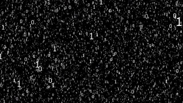 Digital technology binary code flying on isolated black background. Particle of big data distancing digits. Render digital binary data and prediction to intelligence technology.
