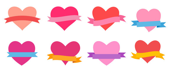 Love symbol ribbon icon set. Red and pink symetric hearts. Romantic abstract different shapes collection. Decorative element for invitation card. Isolated on white vector illustration in a flat style.
