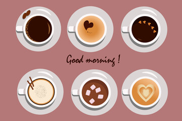Set of cards with cups and coffee. Top view of a different assortment of coffees. For use in logos and icons, labels, coffee breaks, catering. Vector illustration on a colored background with text