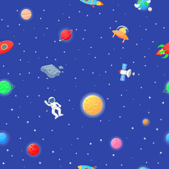 Cosmic fabric for kids. Astronaut with rocket and