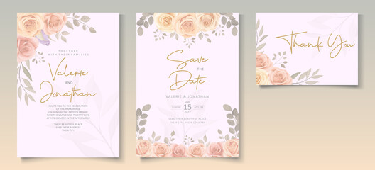 Fototapeta na wymiar Elegant wedding invitation template with soft color blooming roses flower