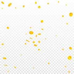 Korean won coins falling. Alive scattered WON coins. Korea money. Good-looking jackpot, wealth or success concept. Vector illustration.