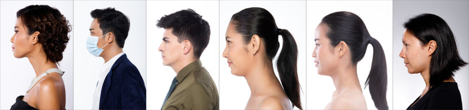 Profile of Asian Woman Man half body isolated six people