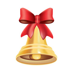 Gold metal bell with red bow. Christmas symbol, school bell. 3D effect.