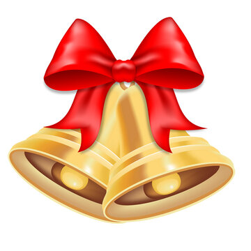 Gold metal bell with red bow. Christmas symbol, school bell. 3D effect.