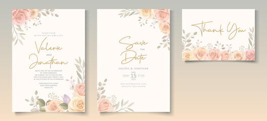 Fototapeta na wymiar Elegant wedding invitation template with soft color blooming roses flower