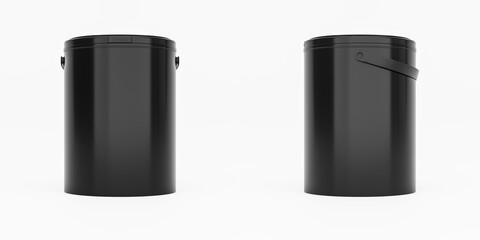 Black plastic paint can / bucket / container with handle and no label, isolated on white background.