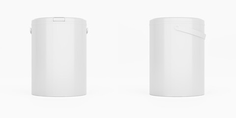 White 1l plastic paint can / bucket / container with handle and no label, isolated on white background.