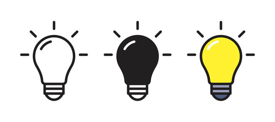 Light bulb icon. Outline, filled outline and color version. Vector thin line illustration symbolizing creativity, ideas, solutions and creative thinking brainstorming