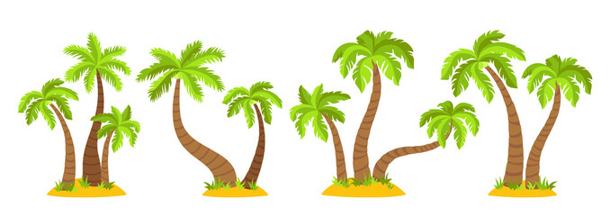 Fototapeta premium Tropical islands with palm trees flat cartoon set. Coconut palm trees nature design element. Hand drawn tree mature and young plants forest. Isolated vector illustration