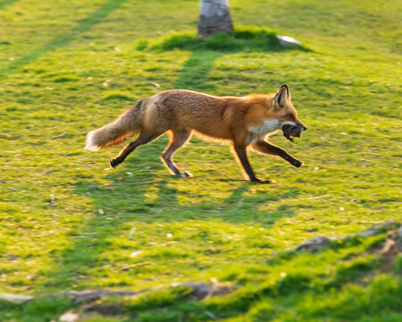 An adult red fox (Vulpes vulpes) returning to it&rsquo;s den, underneath the popular and busy Boardwalk in Toronto's Beaches neighbourhood,  carrying a dead squirrel in it mouth.