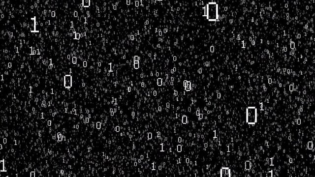 Digital technology binary code flying on isolated black background. Particle of big data distancing digits. Render digital binary data and prediction to intelligence technology.