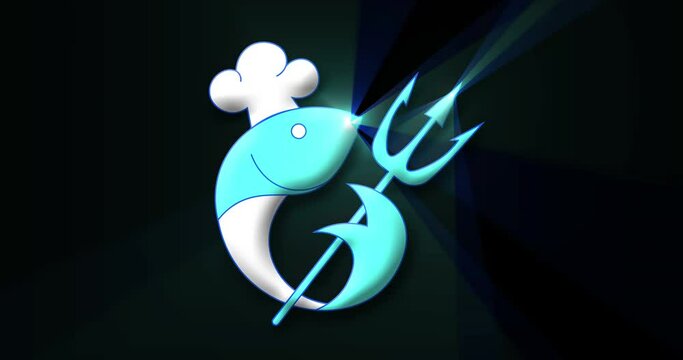 animated Logo fresh seafood, fish with the trident of Neptune