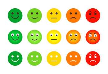 Emotion feedback scale icons set. Emoji mood indicator. Faces expressing angry or sad, neutral, joy or happy. Customer satisfaction survey. Measuring level service quality Isolated vector illustration