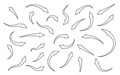 Black linear arrows icons set. Cursor contour curved sign. Navigation pointer. Simple graphic symbol infographic left, right, down. Abstract rotation or refresh. Isolated on white vector illustration